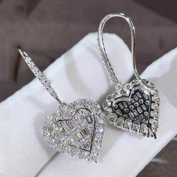 STERLING DANGLE HEART EARRINGS AND CRUSTED WITH WHITE TOPAZ ONE AND A HALF INCH - Picture 2 of 2